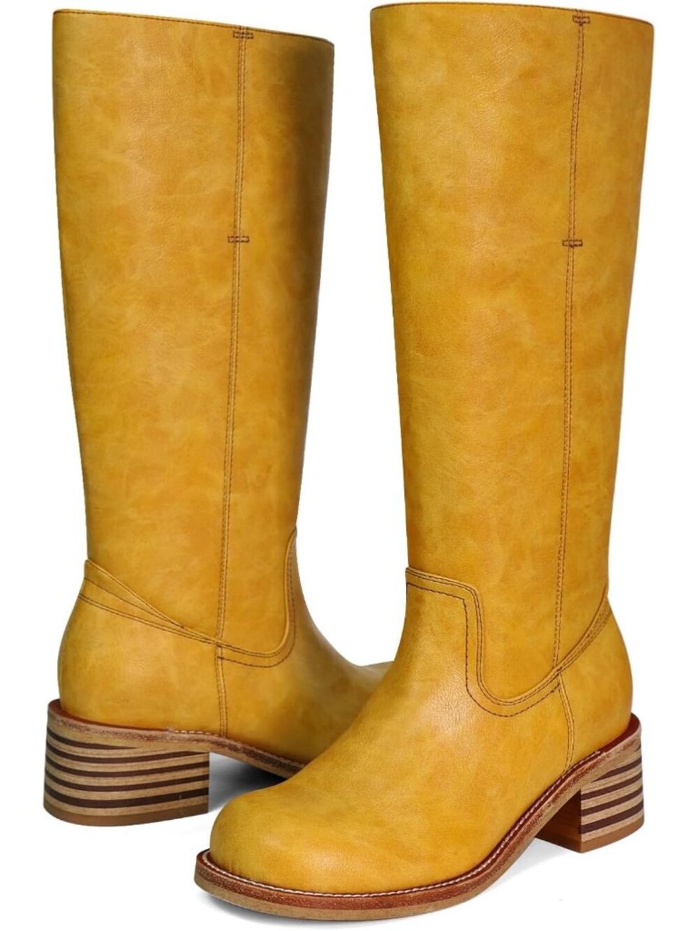 Women's Banana Yellow Low Heel Square Toe Chunky Block Heel Long Knee High Boot - Picture 5 of 5
